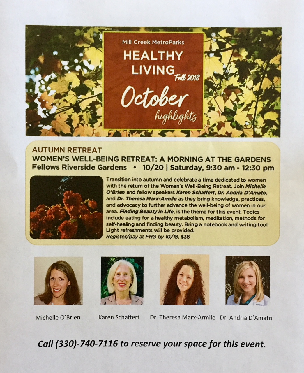 Flyer for Women's Well-Being Retreat in Mill Creek Park