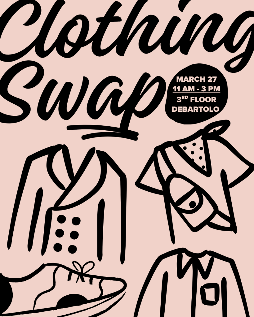 decorative image. square image of outlines of clothes on a peach-colored background. The text reads "Clothing Swap March 27 11 AM to 3 PM 3rd Floor DeBartolo"