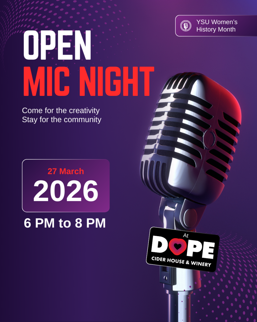 Decorative image. Square image of a classic microphone on a purple background. Text reads "Open Mic Night Come for the creativity, stay for the community. 27 March 2026, 6 PM to 8 PM. at Dope Cider House & Winery"